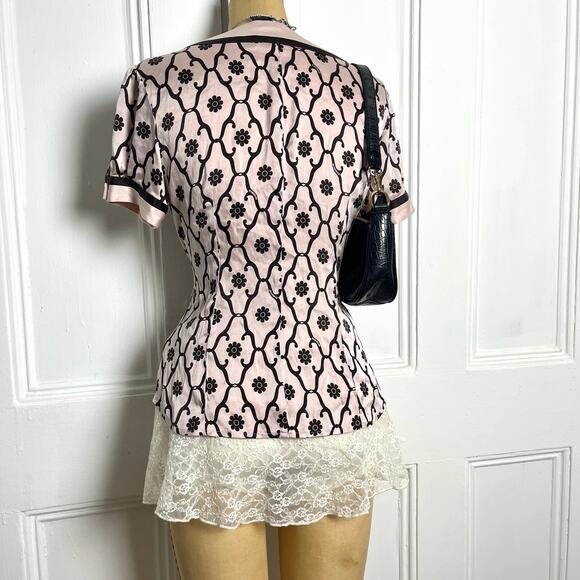 Bebe Vintage silk coquette short sleeve pink puffed top logo/floral print size M - Picture 6 of 7